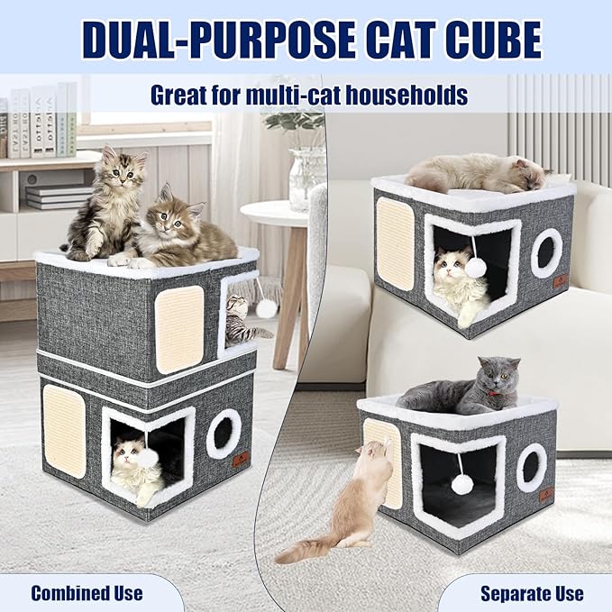 2-Story Cat House for Indoor Cats, Dual-Purpose Cave Bed with Scratch Pad and Fluffy Ball, Foldable Cat Hideaway, Cute Condo Furniture for Multi Small Pet Kitten, Grey