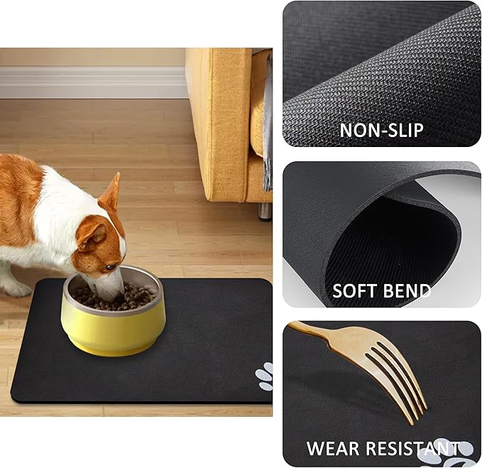 YCT Pet Cat Food Mats - Non-Slip Super Absorbent, 18.1 x 11.8 inches, Dark Grey