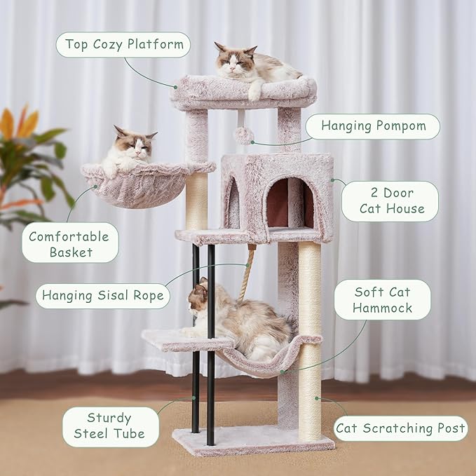 Cat Tree, Cat Tower for Indoor Cats, 43.3 inch Cat Tree Tower with Sturdy Steel Tube, Cat Hammock, Cat Condo for Small Cats and Kittens, Cat Scratching Post, Muchroom GCT004SMU