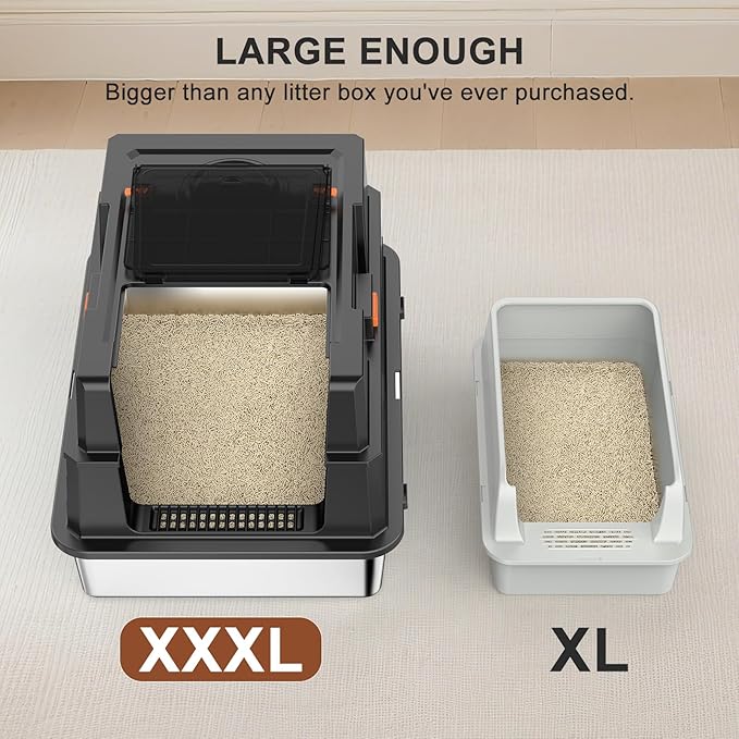 Extra Large Enclosed Stainless Steel Cat Litter Box with Lid - XXXL Giant Metal Enclosed High Sides Litter Boxes for Multi-Cat Households and Overweight Cats - Black