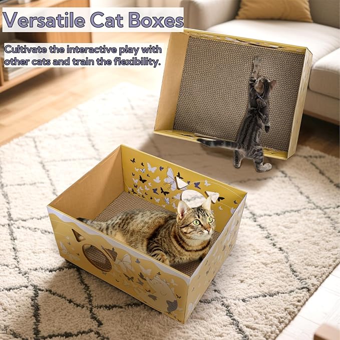 2 Pack Cardboard Cat Scratcher Boxes, 16.5 Inch Heavy Duty Cat Scratching Bed, Large Kitten Lounger with Double-Sided Scratch Pad, Hideaway House with Interactive Hole for Indoor Cats