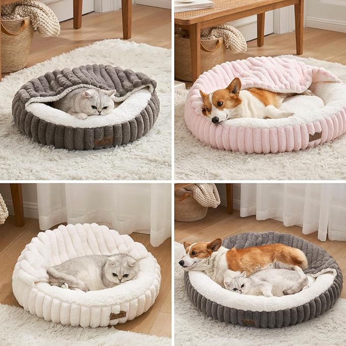 Cat Bed with Hooded Blanket, Round Fluffy Anti-Anxiety Pet Bed for Cats/Small Dogs, Cozy Donut Cuddler with Machine Washable Faux Fur & Anti-Slip Bottom(23"×23"×6",Pink)
