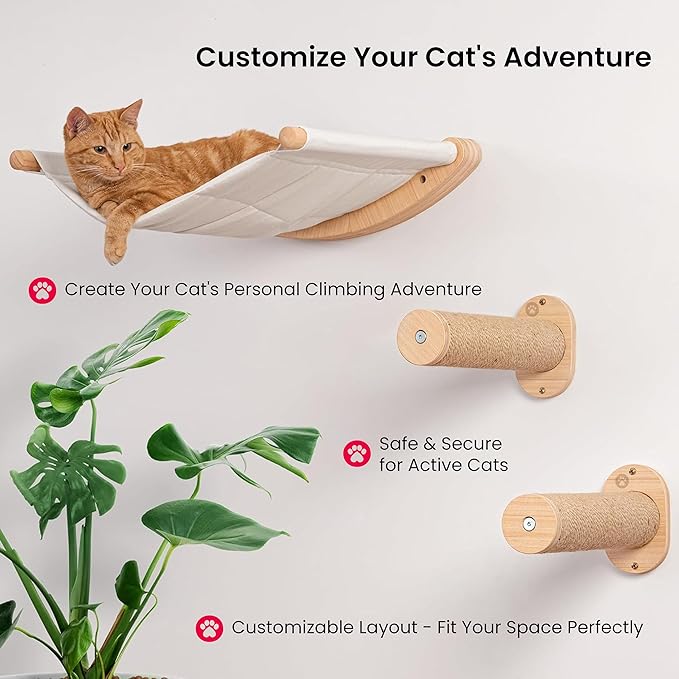 Cat Wall Shelves for Large Cats Set with Hammock, Steps & Scratching Pad - Solid Wood Mounted Climbing Furniture, Indoor Perch and Bed Wall System