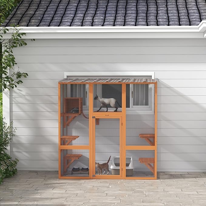 PawHut Catio Outdoor Cat Enclosure Window Box, Wooden Cat House Playground with Scratching Posts, Weather Protection Roof for 1-2 Kitties, Resting Boxes, 68" x 35.5" x 70.5", Orange
