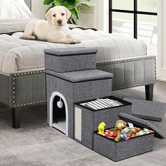 Dog Stairs for Bed and Couch 23“H, Foldable Dog Stairs for Small Older Dogs, 4 in 1 Adjustable Pet Cat Steps Ramps with Storage, Condo, Cat Scratcher, Hold Up to 180LBS, 4 Steps