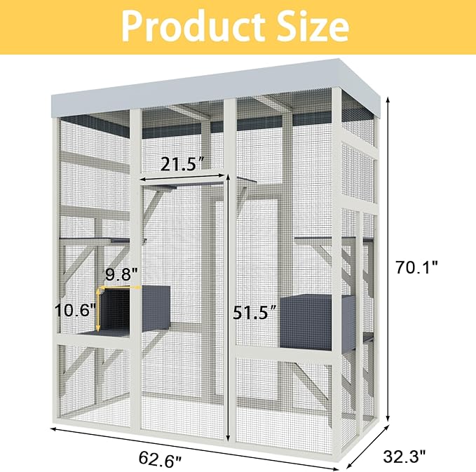 70inch Catio Outdoor Cat Enclosure, Outdoor Catio Condo Enclosure, Wooden Cats Cage, Large Outside Cats House Weatherproof with 5 Platforms and 2 Resting Boxes.