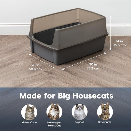 IRIS USA XX-Large Cat Litter Box, Open Top Extra Large Litter Box for Big Cats and Multi-Cat Households, High Sided Scatter Shield, Easy to Clean, 30" L x 20" W x 14" H, Gray
