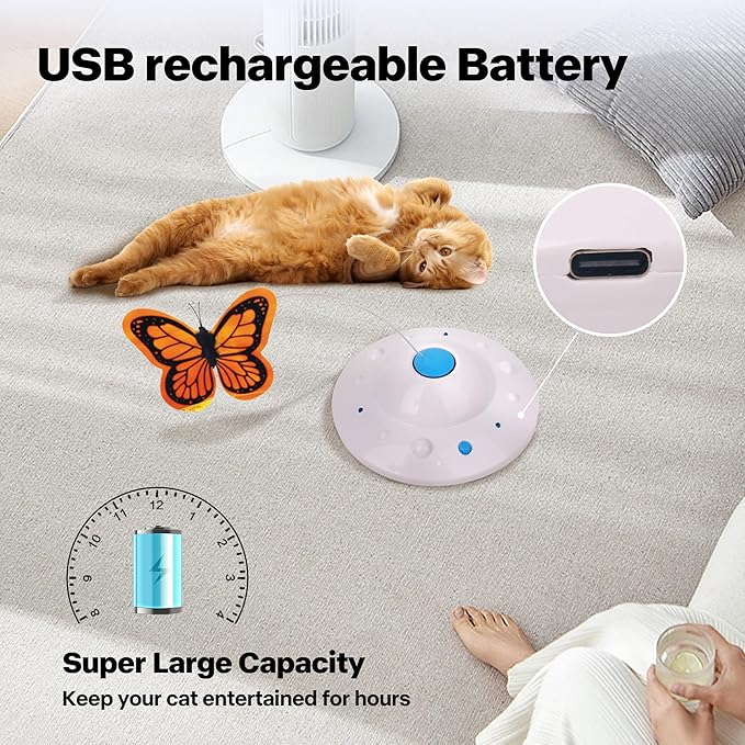 Pet Prime Self Moving Cat Toy for Indoor Cats, Electronic Cat Butterfly Interactive Automatic Rechargeable Toy for Kitten Chasing with LED Light
