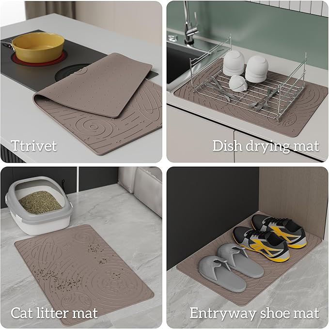 OHMO Dog Food Mat, Silicone Waterproof Cat Food Mat, Non-Skid Spill Proof Pet Feeding Mat for Food and Water, Easy to Clean Dog Placemat(Beige, 18.9" x 11.8")