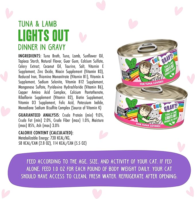 Weruva B.F.F. OMG - Best Feline Friend Oh My Gravy!, Tuna & Lamb Lights Out with Tuna & Lamb, 2.8oz Can (Pack of 12)