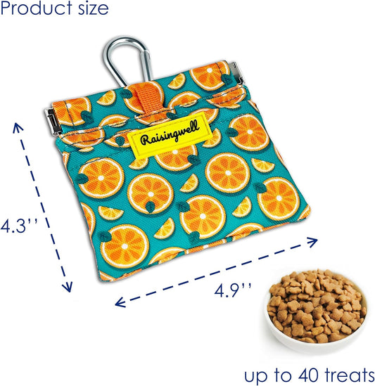 Dog Treat Pouch,Cotton Pocket Sized Training Holder, Hand Free Walking Funny Bag with Carabiner, Self-Closing Pet Feed Snack Reward, Behavior Aids for Puppy Travel or Outdoor Use（Fruit Orange）