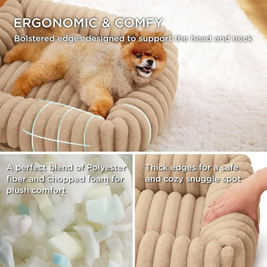 Bedsure Cute Dog Bed for Small Dogs & Cats - Washable Furry Puppy Beds, Rectangle Orthopedic Corduroy Fleece Pet Beds with Removable Zipper Cover, 20x19x6inches, Sandy Tan