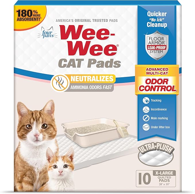 Four Paws Wee-Wee Cat Pee Pads, Disposable Litter Box Mats, Advanced Multi-Cat Odor Control, Fast Absorption Cat Box Pee Pads for Litter Tracking, 28" x 30", Unscented, 10 Count