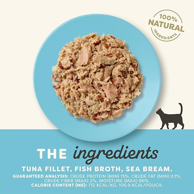 Applaws Natural Wet Cat Food in Broth, Limited Ingredient Wet Cat Food Pouches, No Additives, Made with Natural Ingredients, Tuna Fillet with Seabream in Broth (12 x 5.3oz Pouches)