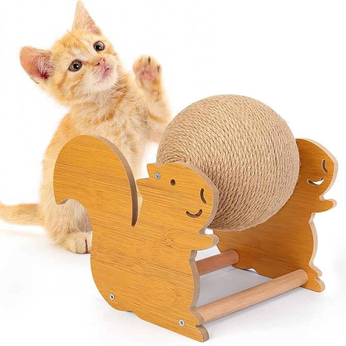 Outamateur Cat Scratching Ball Toy, Sisal Scratching Ball with Cute Stable Stand, Interactive Play and Exercise Toy for Kittens, Cats, Small Pets (Squirrel)