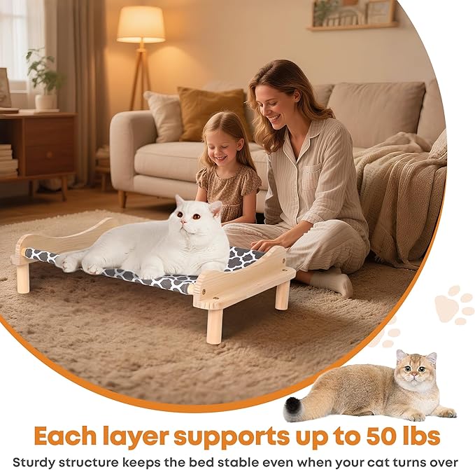 Elevated Wooden Cat Bed – 24"x15.7"x5.9" Breathable Hammock Pet Bed for Indoor/Outdoor Use, Raised Dog Lounger for Small Pets Like Kittens, Puppies, Rabbits, and Bunnies(Orange-1)