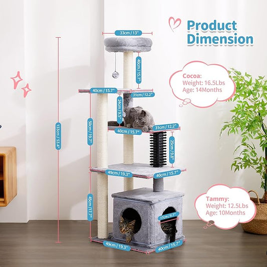 Made4Pets 52.4" Tall Multi-Level Large Cat Tower for Indoor Cats With Scratching Posts, Pompoms, Grooming Brush and Perch - Grey