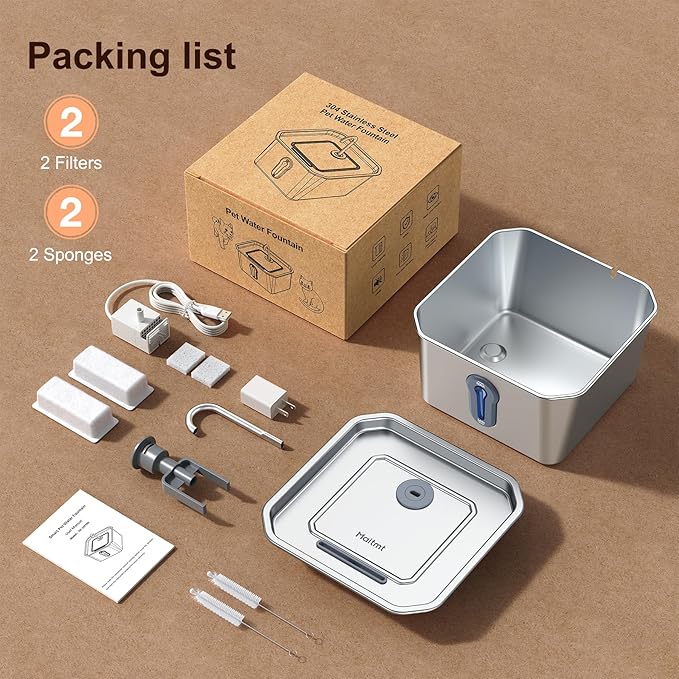 Stainless Steel Cat Water Fountain, 4L/135oz Automatic Circulation pet Water Dispenser, Quiet cat Bowl Water Dispenser, Suitable for Cats, Dogs and Multiple Pets. (Pet Fountain+2 Filters+2 Sponges)