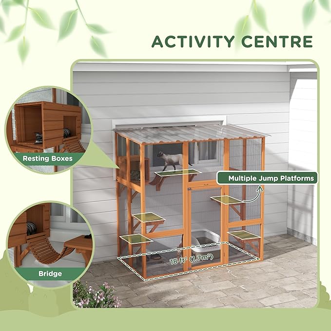 PawHut Catio Outdoor Cat Enclosure Window Box, Wooden Cat House Playground with Scratching Posts, Weather Protection Roof for 1-2 Kitties, Resting Boxes, 68" x 35.5" x 70.5", Orange