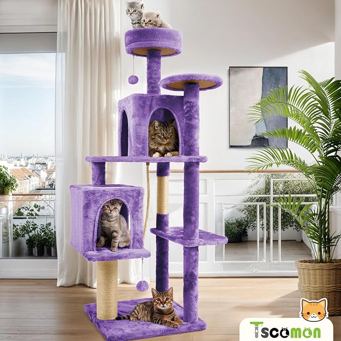 58.5inch Large Cat Tree Tower Condo for Indoor Cats, Soft Plush Multi-Level Climbing Tree Cat House, Scratching Post, More Entrance/Exit, Sisal Rope, Violet Purple