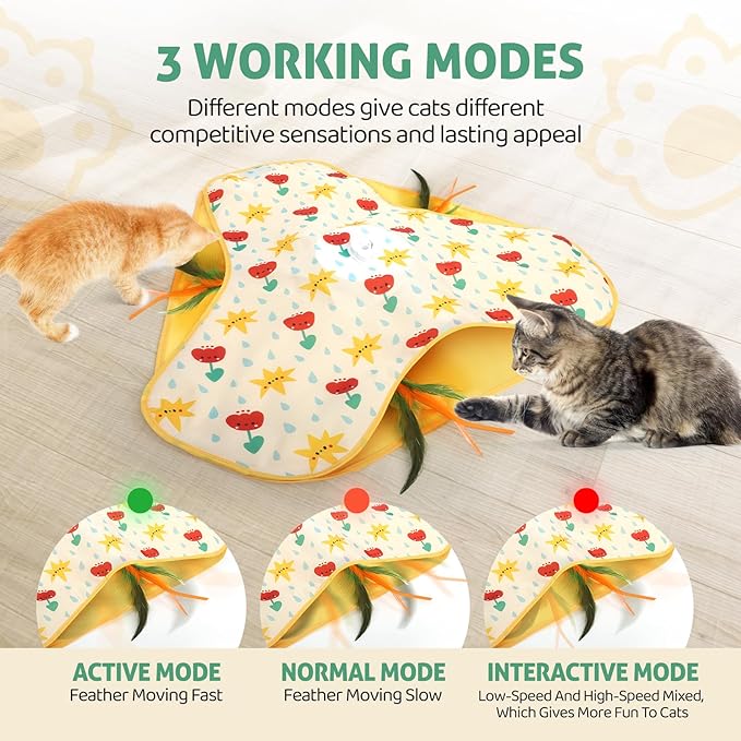 Interactive Cat Toys, Durable Stable Base Touch Activated Kitten Toy, Rechargeable Hide and Seek Cat Toys, Waving Concealed Feather Exercise Toy for Indoor Bored Cats/Kitten