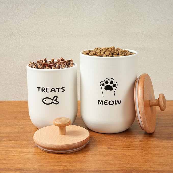 Cat Treat Container with Airtight Lid, Cat Food Oganizer Dry Food, Cat Food Storage Containers, Pet Treats Canister, Cat Treat Jar Set of 2-8.3x4.9 & 7.1x4.3 (White)