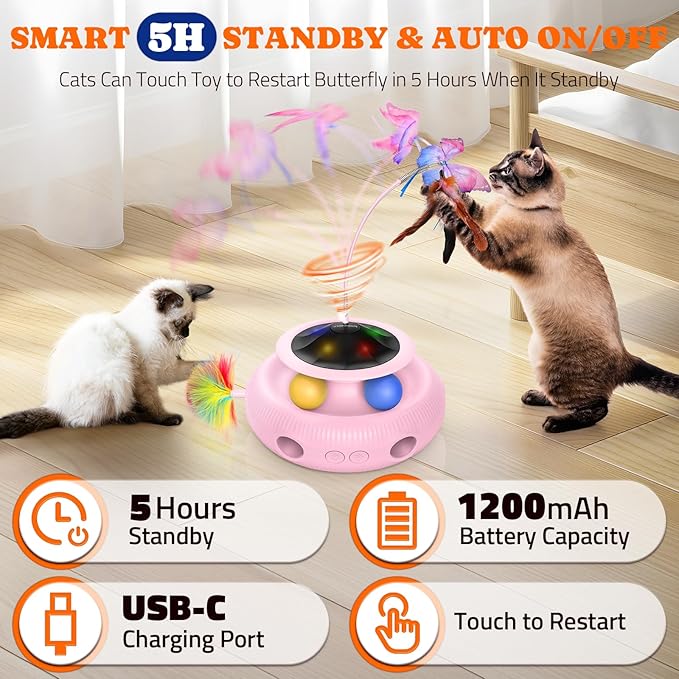 Interactive Cat Toy: 4 in 1 Automatic Cat Toy for Indoor Cats, Electric Kitten Toy with Rechargeable Battery, Self Play Kitty Toys with Fluttering Butterfly, Track Ball and Feather Pack, Pink
