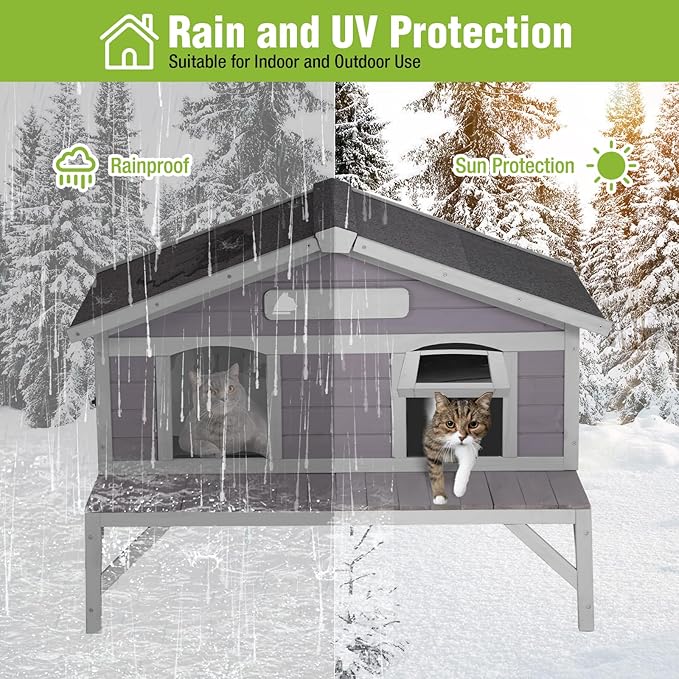 GUTINNEEN Insulated Outdoor Cat House Weatherproof with Detachable 100% Insulated Liner, 3 Entry Doors, Elevated Base & UV/Rain Protection - Indoor/Outdoor Kitty Shelter for Small-Medium Pets