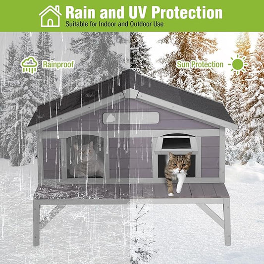 GUTINNEEN Insulated Outdoor Cat House Weatherproof with Detachable 100% Insulated Liner, 3 Entry Doors, Elevated Base & UV/Rain Protection - Indoor/Outdoor Kitty Shelter for Small-Medium Pets