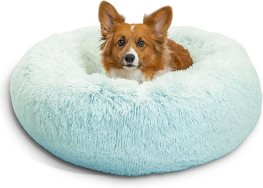 Best Friends by Sheri Original Calming Donut Dog and Cat Bed, Shag Faux Fur, Baby Blue, (30in x 30in) - Anxiety Relief for Pets Up to 45 lbs