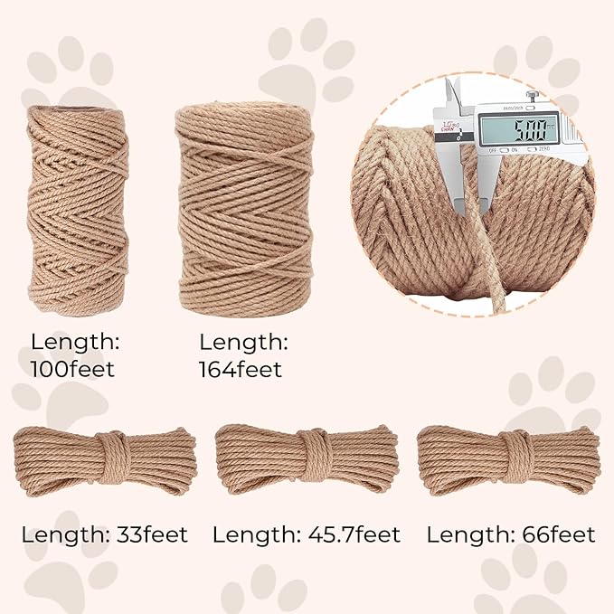 Nature Hemp Rope,sisal Rope for cat Scratcher,Rope for cat Scratch Post，cat Scratching Post Replacement,Cat Scratcher Replacement Rope Heavy Duty Jute Twine for Cat Tree and Tower, DIY (1/4inch,66FT)