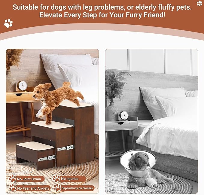 Dog Steps for Bed, 21 Inch Foldable Pet Stairs, Wooden Furniture Style Cat Stairs for Couch, No Installation 3 Tier