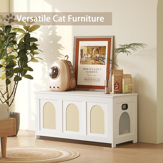 DINZI LVJ Cat Litter Box Enclosure, Flip Top Litter Box Furniture, Rattan-Like Hidden Cat Washroom, Wooden Pet House, End Side Table, 39.4" L x 19.7" W x 19.7" H, Easy to Assemble, White with Rattan