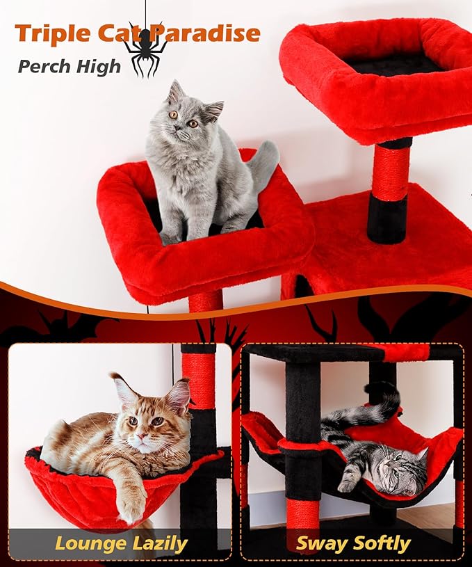 AMHANCIBLE Gothic Cat Tree, 70 Inch Tall for Indoor Adult Cats, Large Multi-Level Tower with Scratching Post, Hammock, Condos, Hanging Basket, Activity Center to Play and Sleep, Black Red, PT18RD