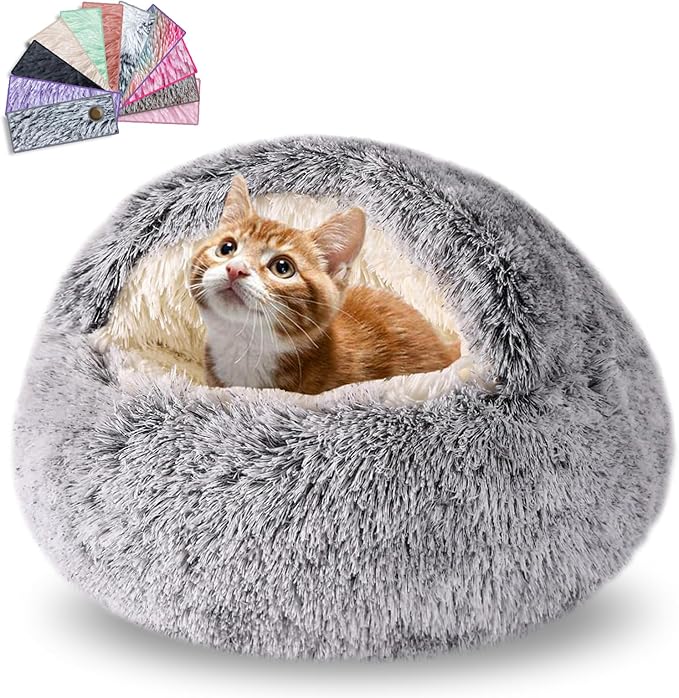 Cat Beds for Indoor Cats,Cat Cave for Puppy and Kitty,Calming Small Dog Bed for Small Dogs with Cover Cave,Cozy Warming Fluffy Washable Anti-Slip Pet Sleeping Bag (20 * 20inch,Grey)
