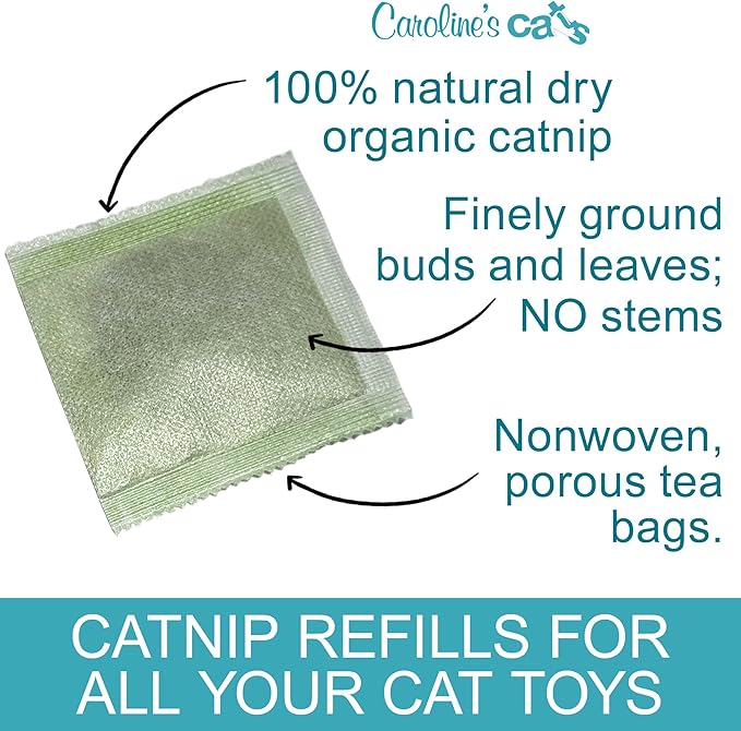 Caroline's Cats Organic Catnip Packets for Cat Toys 2.0 – More Potent Refill Pouches for Flapping Bird, Flopping Fish, and Others, 10 Tea Bags