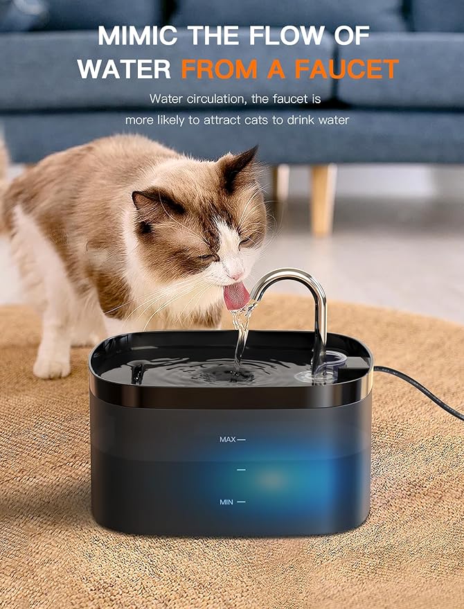 Cat Water Fountain, 84OZ/2.5L Cat Fountain, Super Silent Pet Water Fountain, Activated Carbon Filter, Translucent Pet Water Dispenser Suitable for Multiple Pets Family (Black+4Filters+4Sponges)