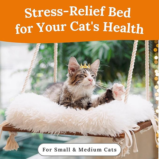 Cat Window Perch - Hammock Bed for Cats Inside - Solid Wood Seat, 4 Strong Suction Cups, Soft Cushion - Rustic Indoor Pet Shelf