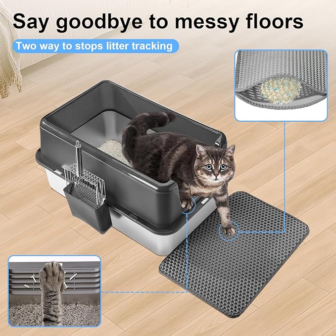 Marchul Stainless Steel Cat Litter Box with High Walls & Metal Scoop/Mat/Scoop Holder, XL Large for Multi-Cat Homes, Anti-Urine Leakage for Heavy Flow Cats