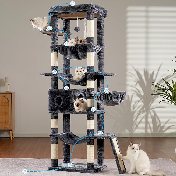 Hey-brother Cat Tree, 69.3-Inches Multi-Level Plush Cat Tower for Indoor Cats with Large Top Perch, Extra Spacious Hammock, 2 Hammocks Ramp, Hanging Ball, Smoky Gray MPJ037G