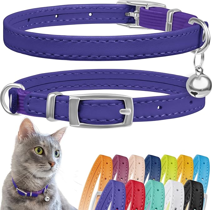 CollarDirect Leather Cat Collar with Bell - Kitten Collar, Small and Big Cat Strap for Boy Cats, Girl Cats with Safety Elastic Strap (Neck Fit 6"-7", Purple)