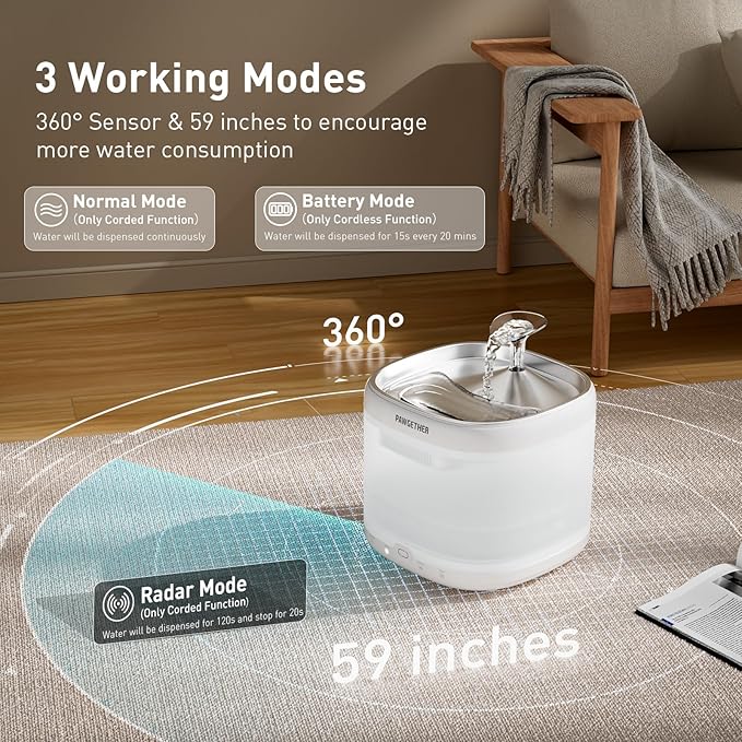 PAWGETHER® Cat Water Fountain, Ultra Quiet Pumpless Pet Water Fountain with Stainless Steel Tray, 67oz/2L Water Fountains for Cats Indoor with 360° Motion Sensor for Cats & Dogs (with Filter)