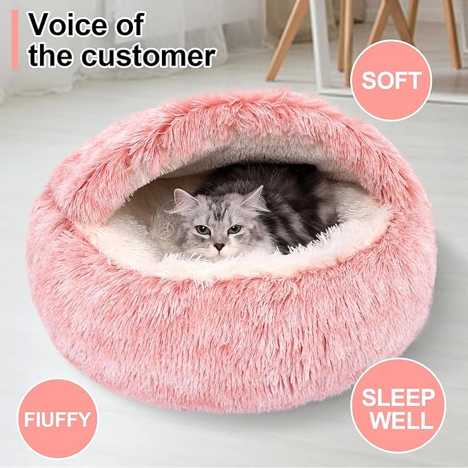 Calming Bean Mush Beds & Cat Cave with Hooded Cover, Removable Washable Round Beds for Small and Medium Pets, Anti-Slip Faux Fur, Fits Up to 15/25 lbs