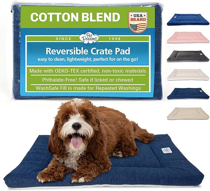 Pet Dreams Dog Crate Pad - Washable Kennel Mat, Crate Pads for Dog Cages, Non-Toxic, Flat Indoor Cat Bed, Fits iCrate 18, 24, 30, 36, 42, 48 Inches (Denim, Small, 24")