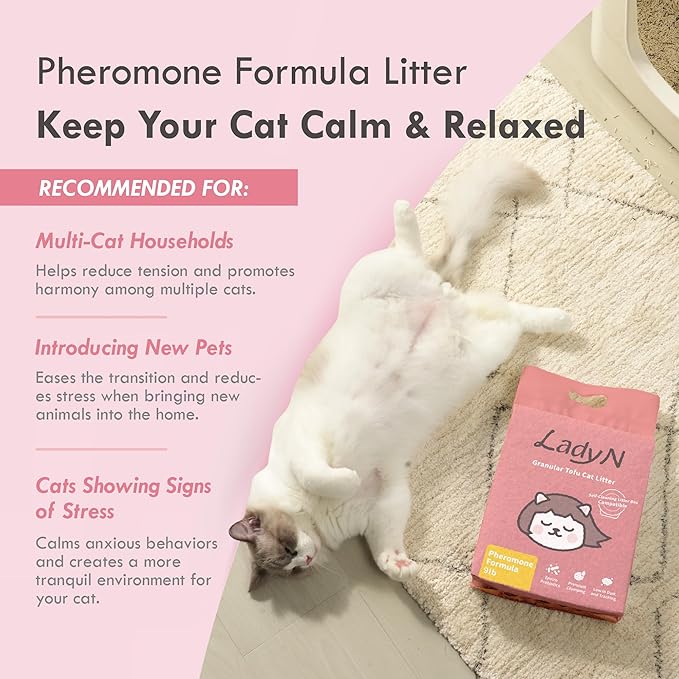Lady N Cat Attract Tofu Litter – Natural Attractant Formula for Litter Box Training, Calming Pheromone for Multi-Cat Homes, Granular Mini-Pellet Shape for Self-Cleaning Box, 18lb