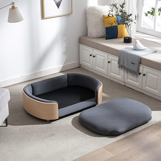 HomSof 38.58" Scandinavian Style Elevated Dog Cat Bed Pet Sofa with Solid Wood Legs and Bent Wood Back with Velvet Cushion,Large Size，Dark Grey
