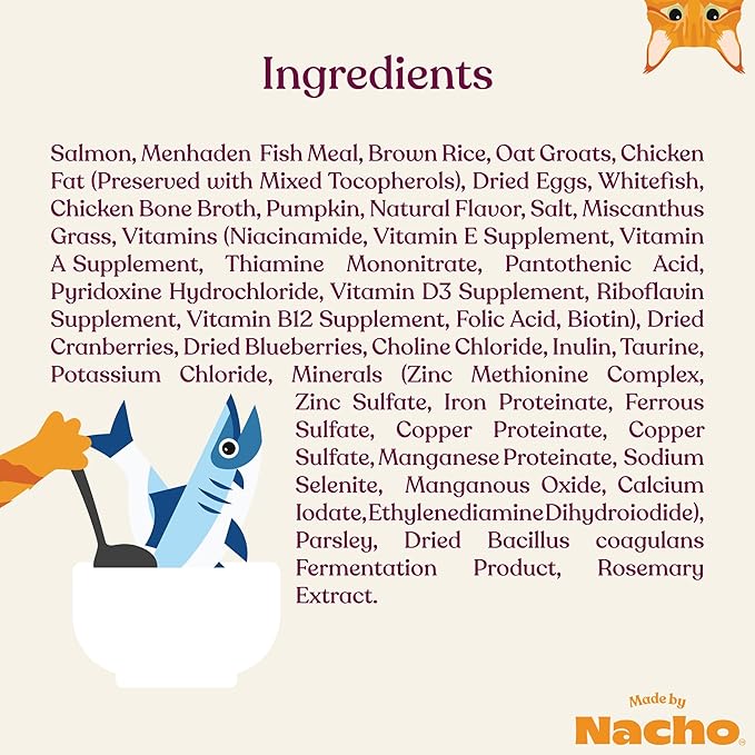 Made by Nacho Dry Cat Kibble 2lb Bag, High Protein and Grain-Friendly Premium Cat Food, Sustainably Caught Salmon and Pumpkin, Infused with Bone Broth for Hydration, Limited Ingredients, Single Bag