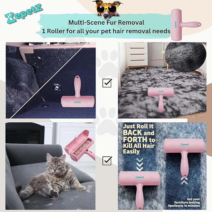 Pet Hair Removal Tool – Reusable Lint Roller for Dogs & Cats – Self-Cleaning Fur Remover Brush – Ergonomic Lint Roller for Carpet, Bedding, Couch, Car Seat & More (Pink)