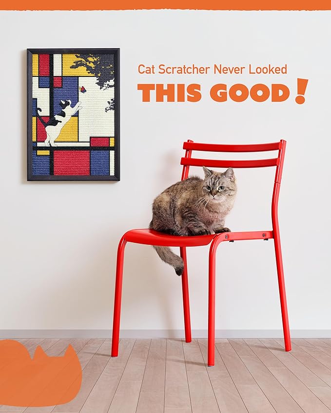 Decorative Wall Art Sisal Cat Scratcher with Vertical Mounted Setup, 14x20 Large & Durable Scratch Pad Ideal for Adult Cats with Gallery-Style Frame That Looks Like a Painting (Mondrian's Cat)