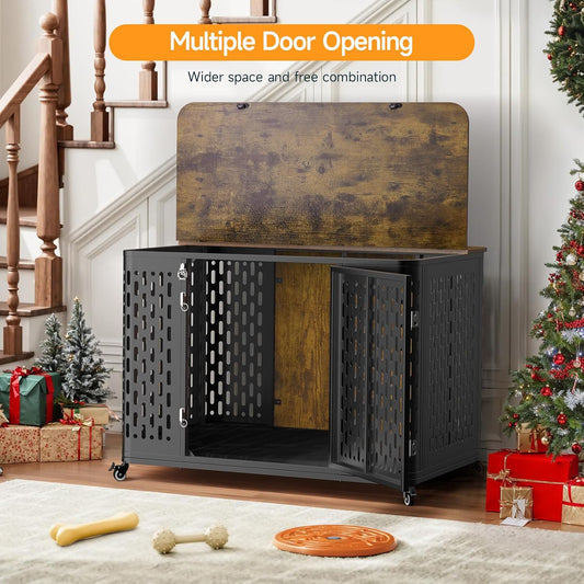 Heavy Duty Dog Crate Furniture for Large and Medium Dogs, 43.7 Inch Large Dog Crate Kennel with Flip Top & Cushion & Wheels, Escape Proof Pet Cage for High Anxiety Dogs